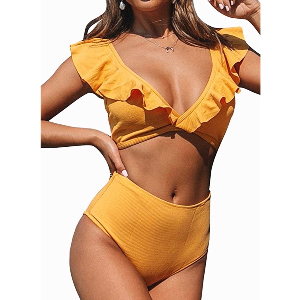 Bikini Set Yellow Ribbed High Waisted Swimwear